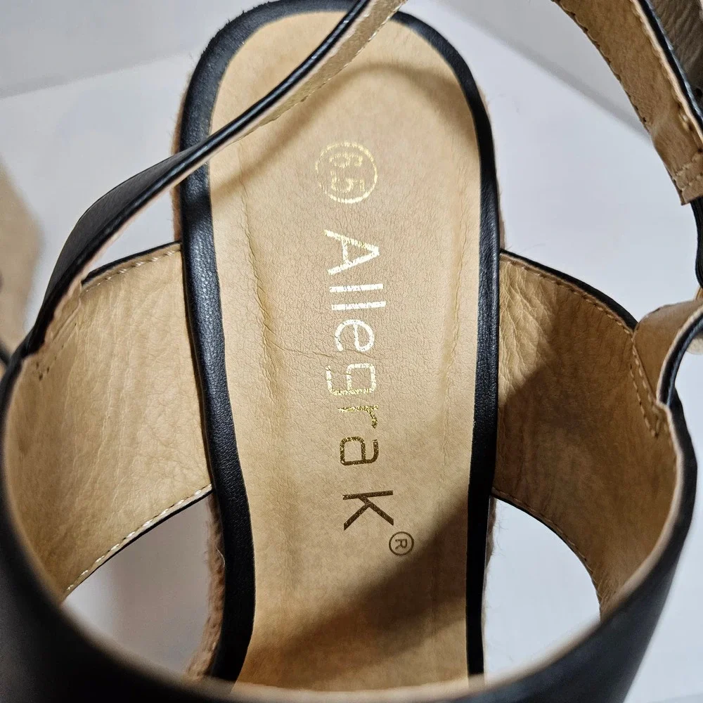 Allegra K Black Strappy Platform Jute Wedge Espadrille Sandals‎ Size 6.5